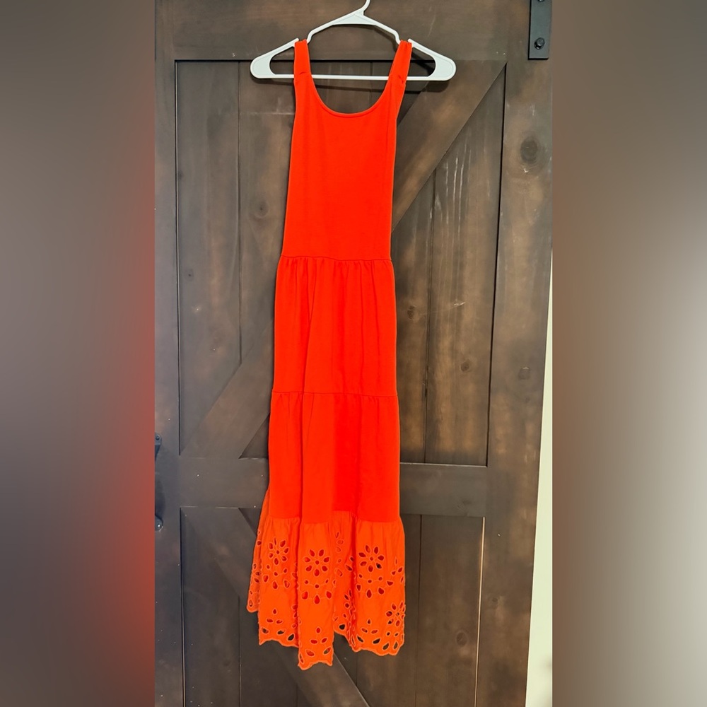 J.Crew Tiered Maxi Knit Eyelet Orange Racerback Summer Dress Women's Size XS - Picture 2 of 7